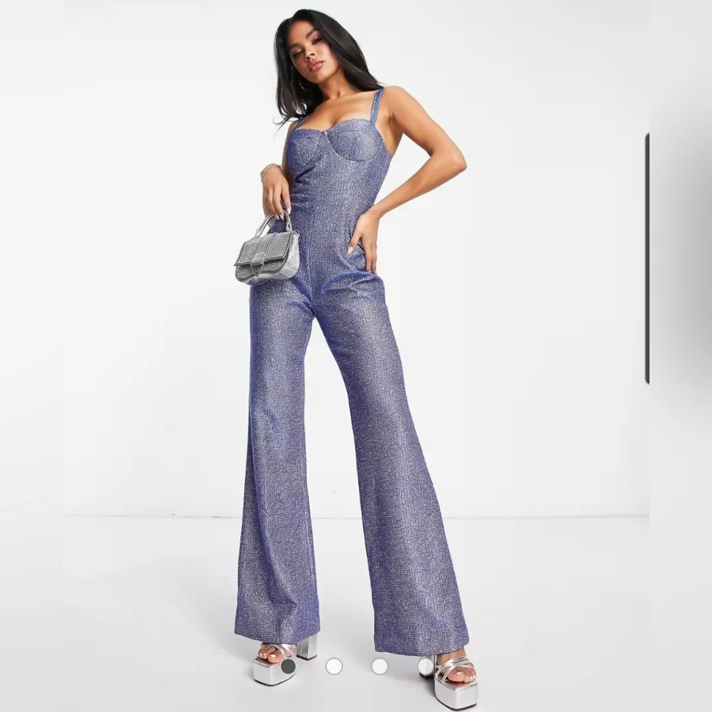 NWOT ASOS Blue Metallic Cupped Flare Jumpsuit Size 10 - Picture 2 of 11